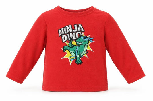 Front view of Primark boys’ red polyester basic t-shirt, size 18-24, months round neck pullover - ninja dino