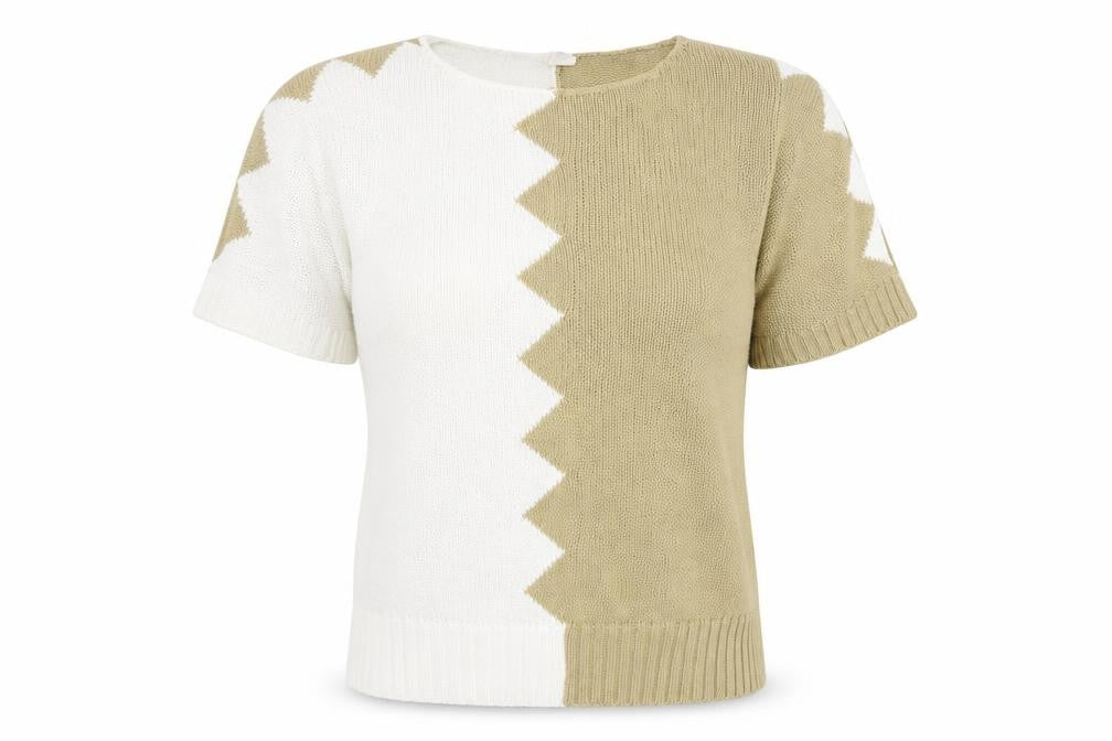 Front view of G.I women’s brown round neck geometric acrylic jumper, size UK 12
