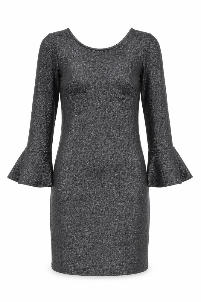 Front view of F&F women’s silver polyester mini, size UK 6, round neck pullover - bell sleeve