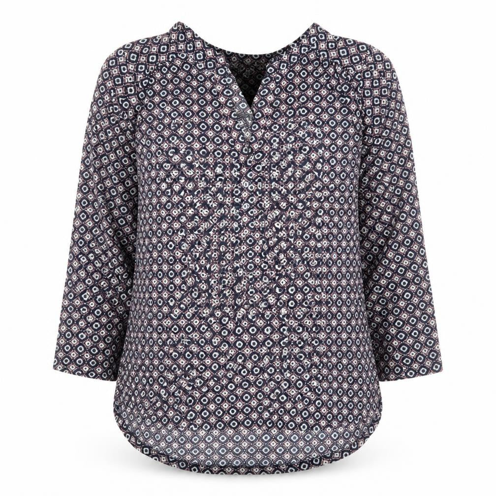 Front view of H&M women’s blue geometric polyester basic blouse, size S, v-neck