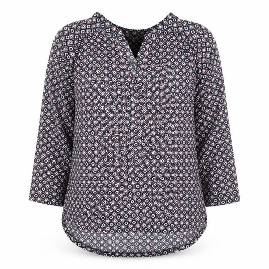 Front view of H&M women’s blue geometric polyester basic blouse, size S, v-neck