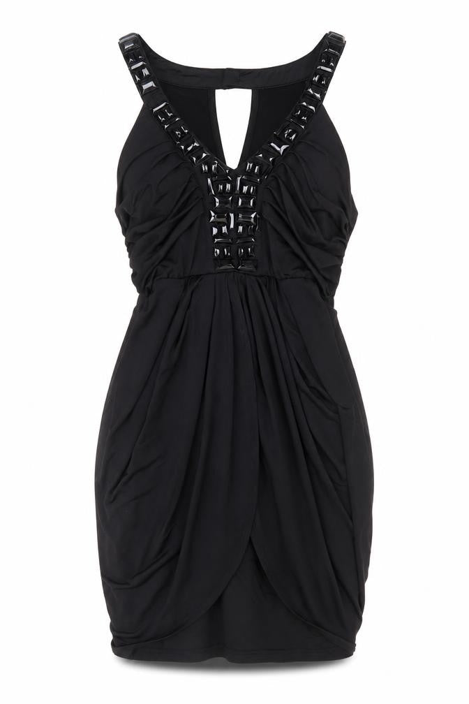 Front view of Fransa women’s black polyester a-line, size M, v-neck button
