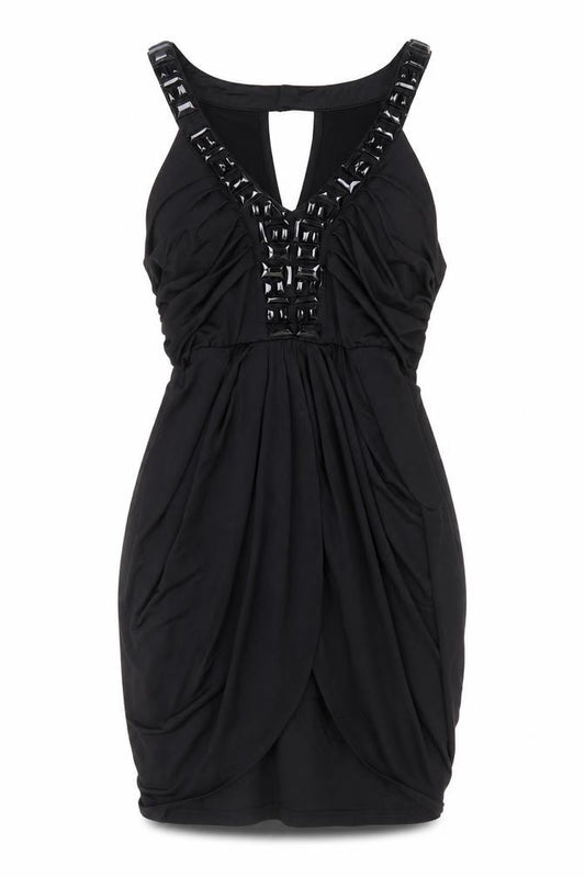 Front view of Fransa women’s black polyester a-line, size M, v-neck button
