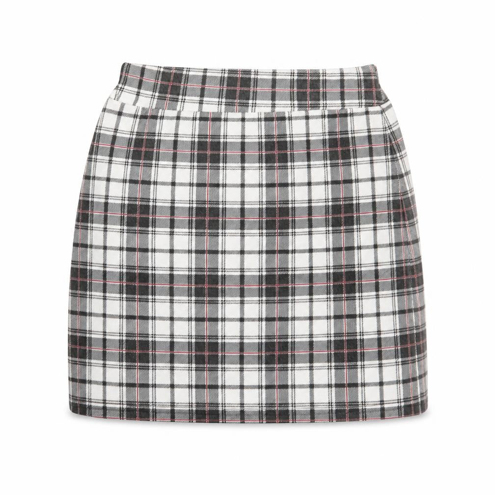 Front view of Lasula women’s grey plaid polyester mini skirt, size UK 8
