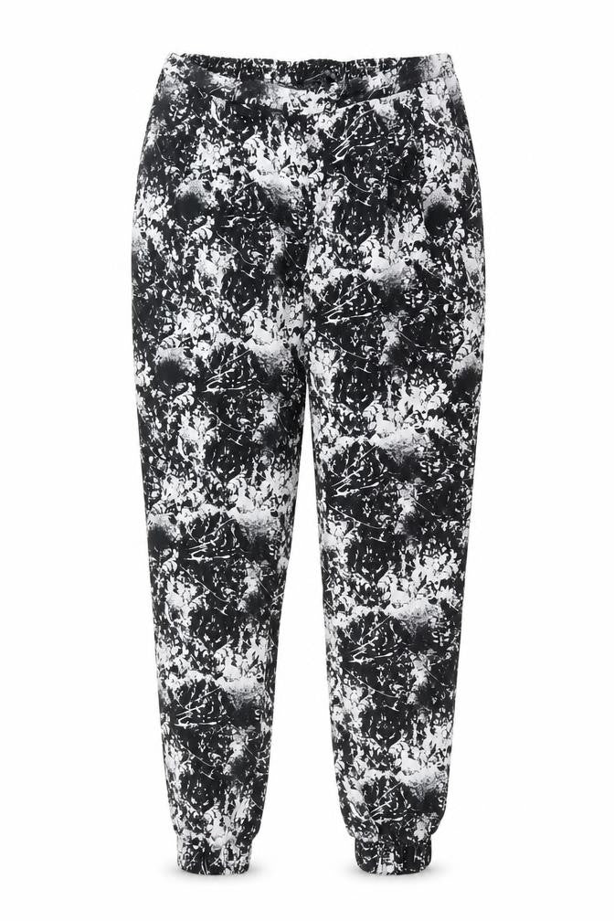 Front view of Atmosphere women’s black geometric polyester bloomer trousers, size UK 14, 29-inch leg regular