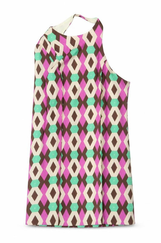 Front view of Zara women’s multicoloured geometric polyester mini, size S, round neck zip