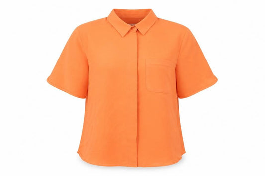 Front view of Marks & Spencer women’s orange polyester basic button-up, size UK 8, collared