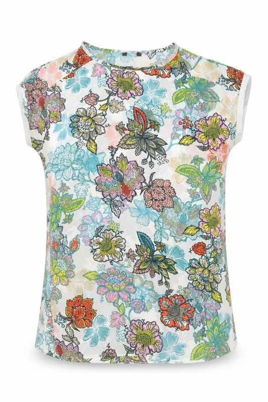 Front view of Preworn women’s multicoloured floral polyester basic blouse, size UK 10, round neck