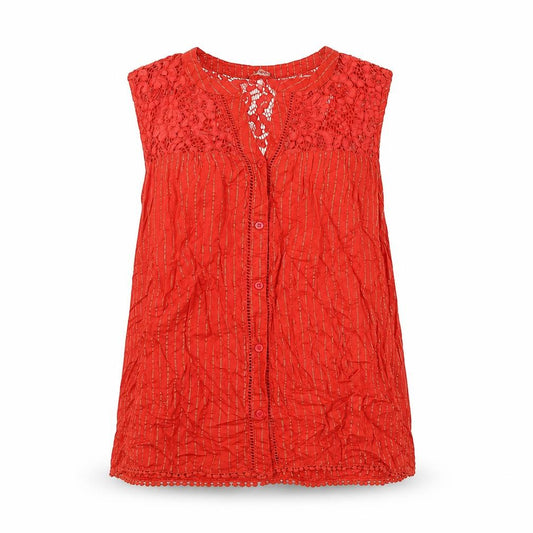 Front view of Roman women’s red striped viscose basic button-up, size UK 12, v-neck - lace detail