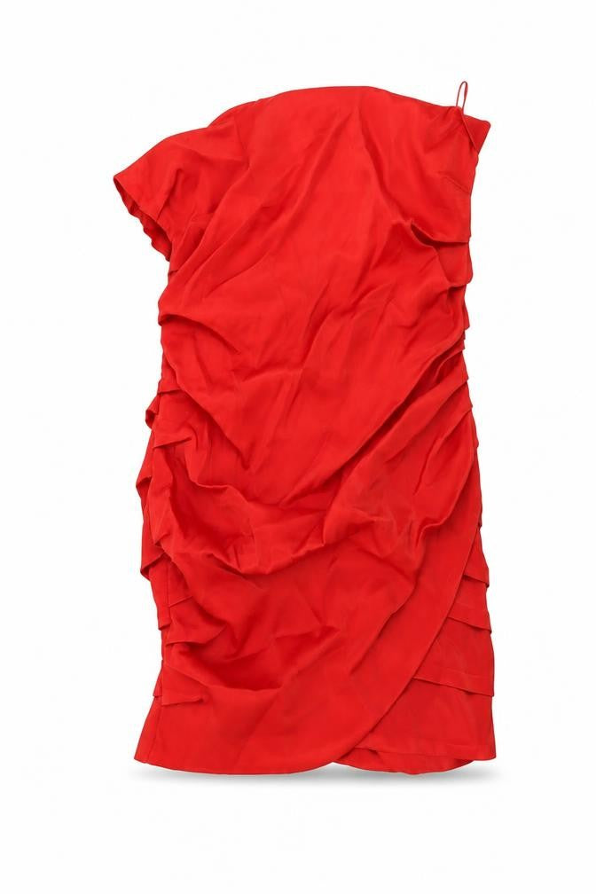 Front view of Zara women’s red polyester mini, size S, off the shoulder zip