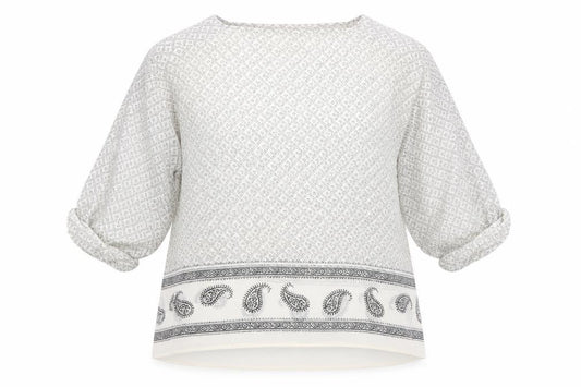 Front view of H^&M women’s ivory geometric polyester basic blouse, size M, square neck