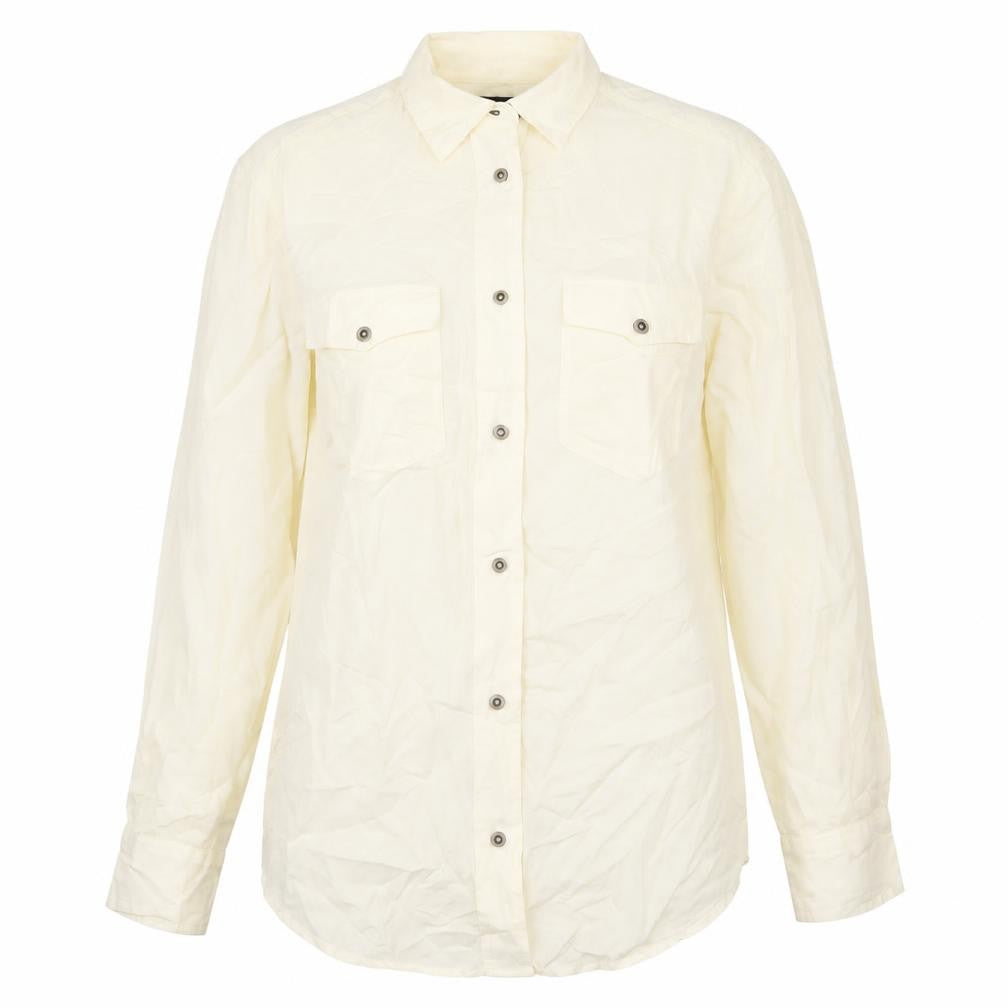 Front view of Frye women’s ivory polyester basic button-up, size S, collared
