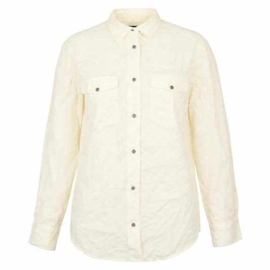 Front view of Frye women’s ivory polyester basic button-up, size S, collared