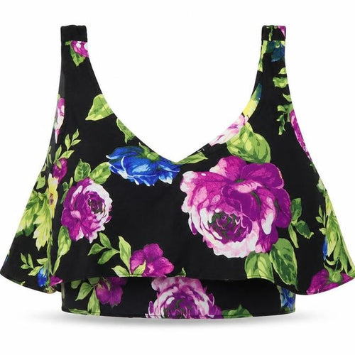 FOREVER 21 Womens Black Floral Polyester Cropped Blouse Size L Round Neck