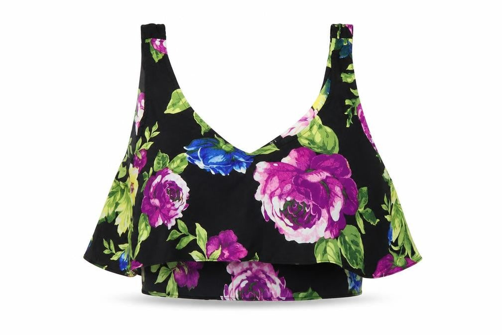 FOREVER 21 Womens Black Floral Polyester Cropped Blouse Size L Round Neck