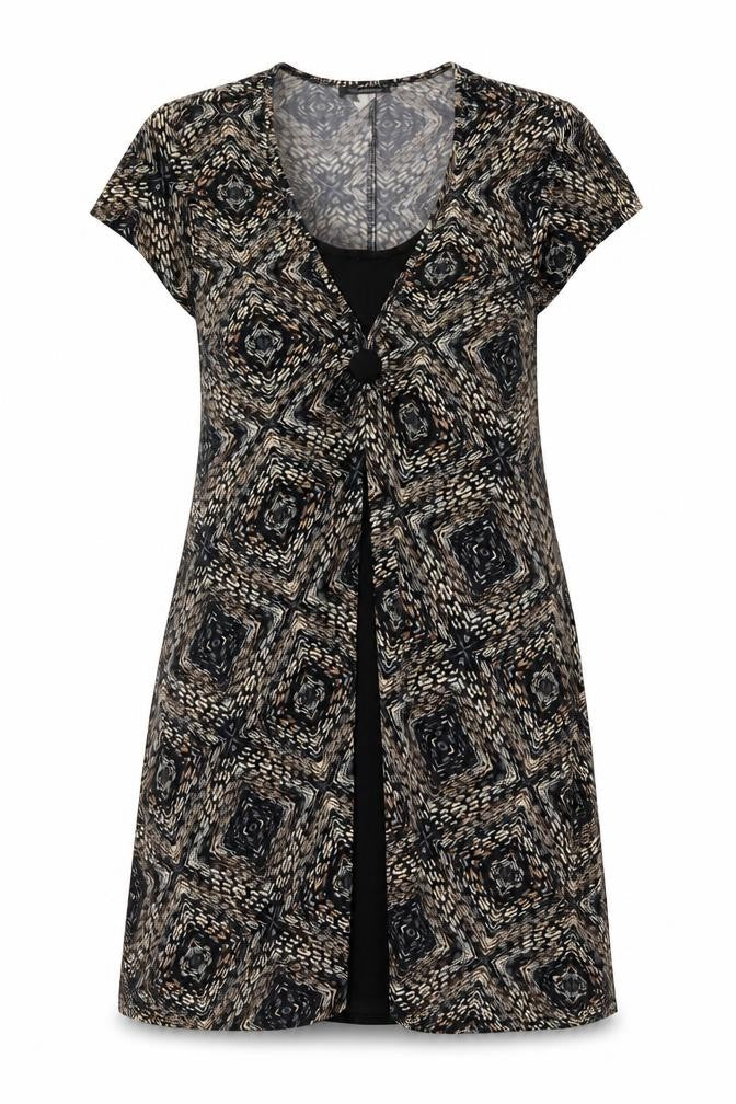 Front view of Eonnected women’s brown geometric polyester a-line, size L, v-neck pullover