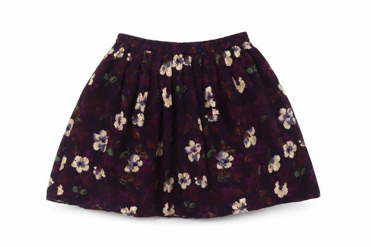 Front view of Positive Attitude women’s purple floral polyester skater skirt, size S, drawstring