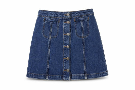 Front view of Topshop women’s blue cotton a-line skirt, size UK 8, button