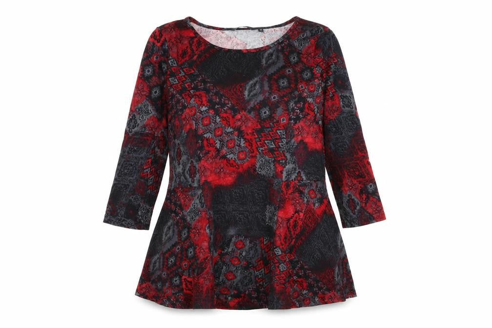 Front view of EWM women’s multicoloured geometric polyester basic blouse, size UK 12, boat neck