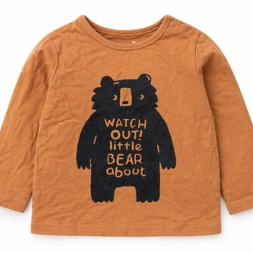 F&F Baby Brown Cotton Basic T-Shirt Size 3-6 Months Round Neck Snap - Watch Out! Little Bear About