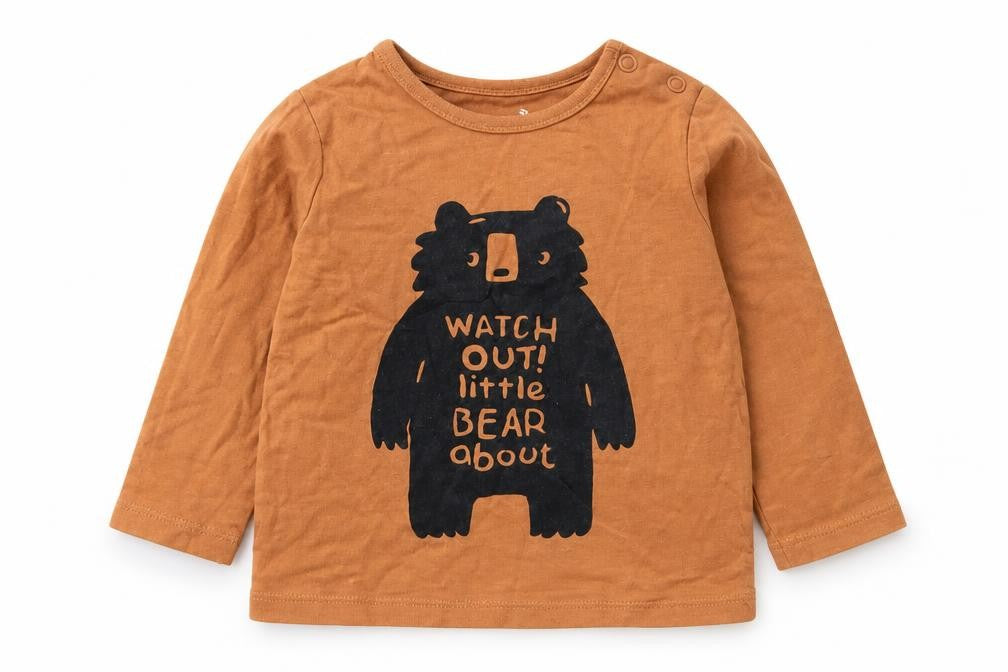 F&F Baby Brown Cotton Basic T-Shirt Size 3-6 Months Round Neck Snap - Watch Out! Little Bear About