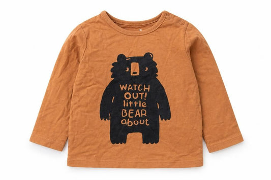 Front view of F&F Baby Brown Cotton Basic T-Shirt, size 3-6, Months Round Neck Snap - Watch Out! Little Bear About