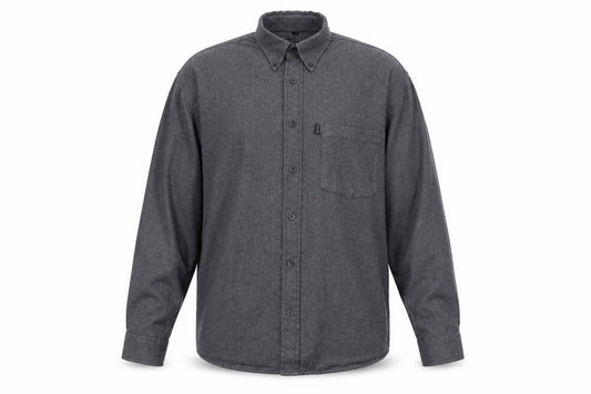 Front view of Recover men’s grey polyester button-up, size L, collared button