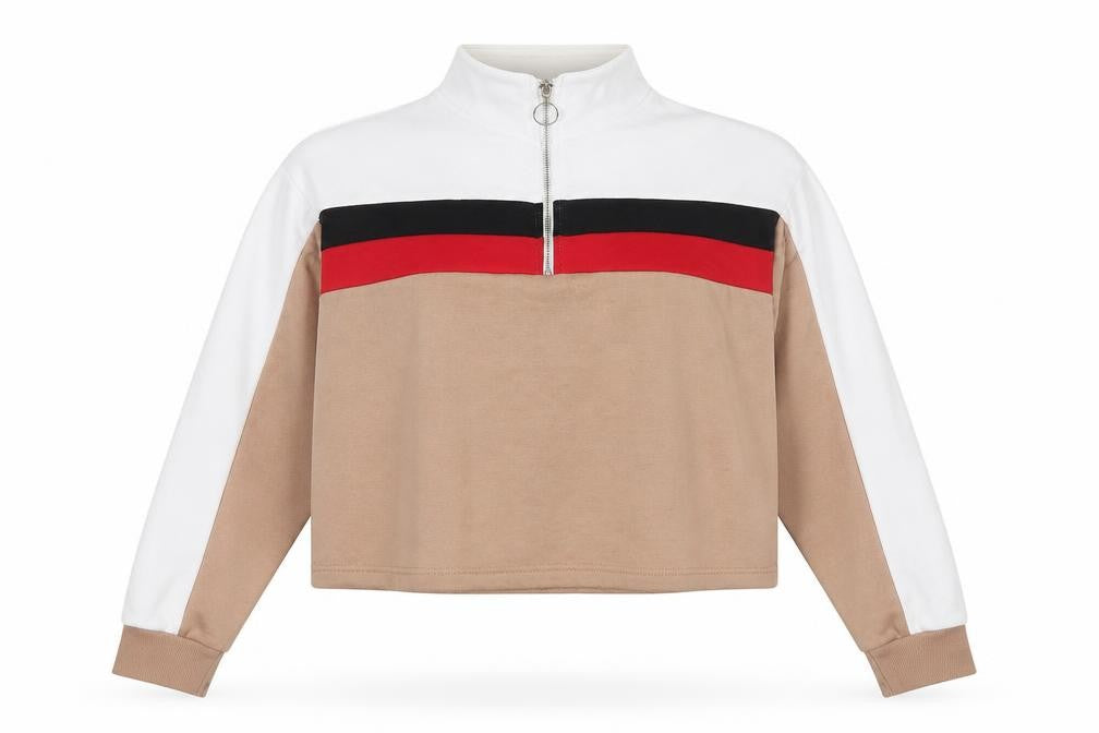 Front view of New Look women’s multicoloured cotton pullover sweatshirt, size UK 12, zip - colour block