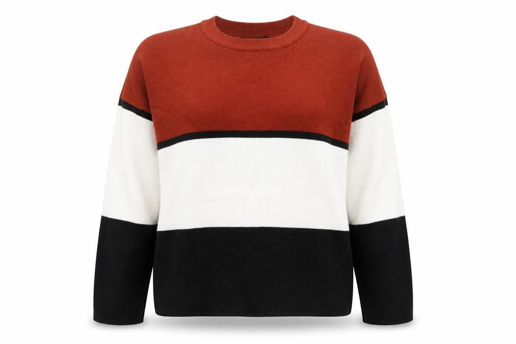 Front view of New Look women’s multicoloured crew neck striped polyester jumper, size M