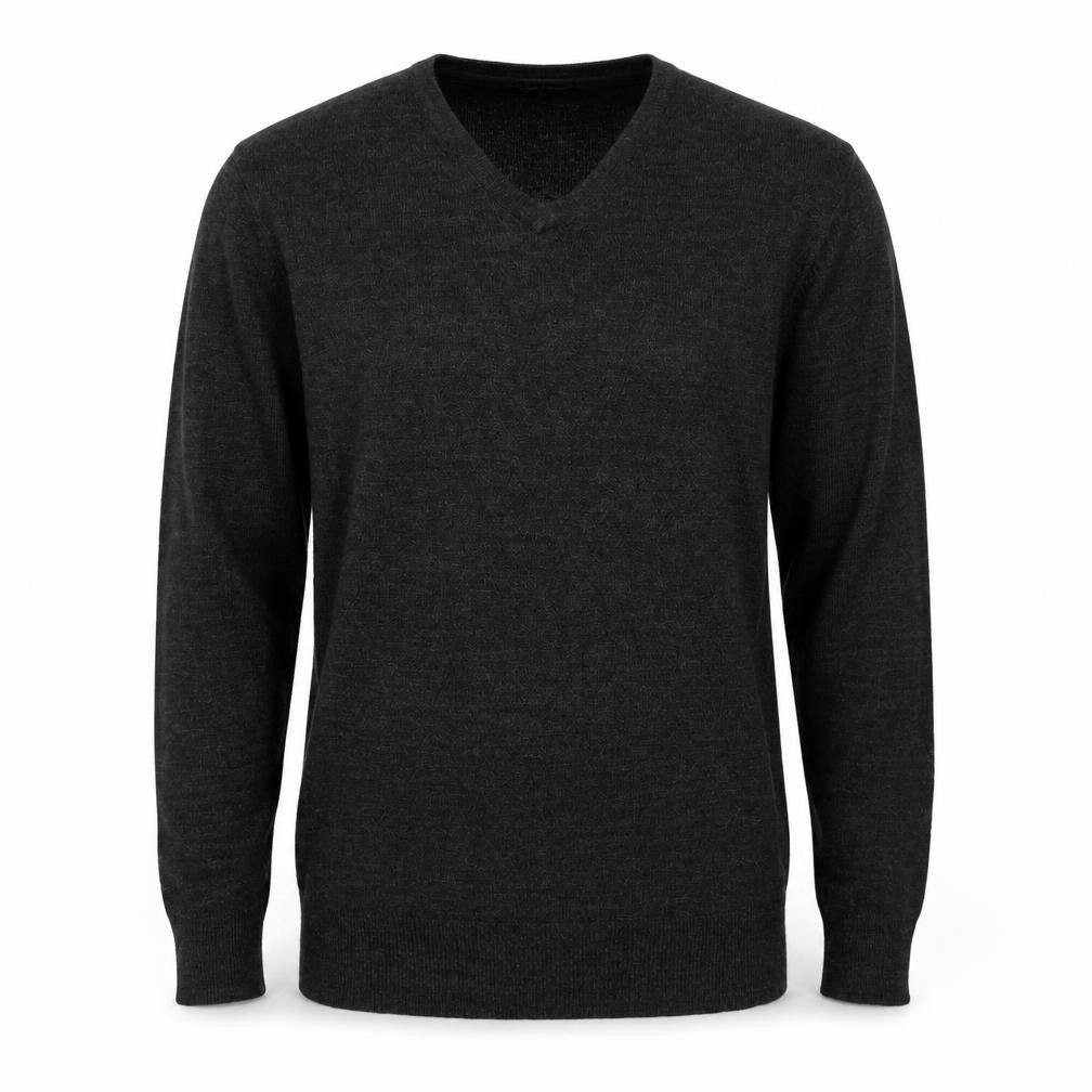 Front view of UrbanSpirit men’s grey v-neck acrylic jumper, size M
