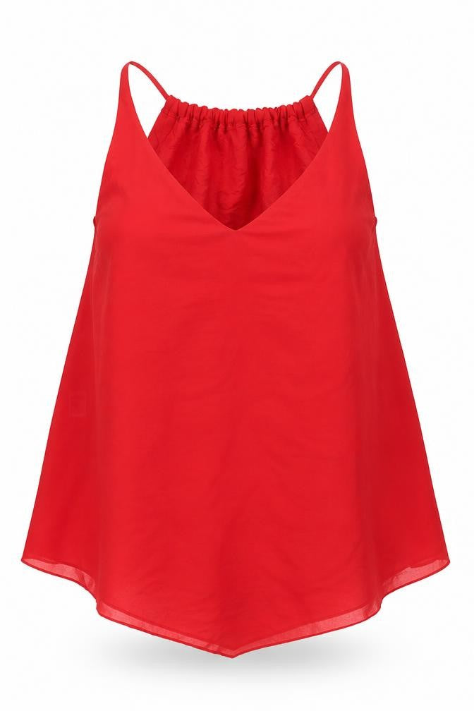Front view of Prague women’s red polyester tunic blouse, size S, v-neck