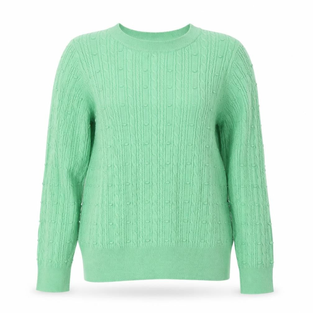 Front view of F&F women’s green crew neck viscose jumper, size UK 14