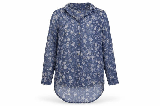 Front view of Hollister women’s blue floral polyester tunic button-up, size XS, collared