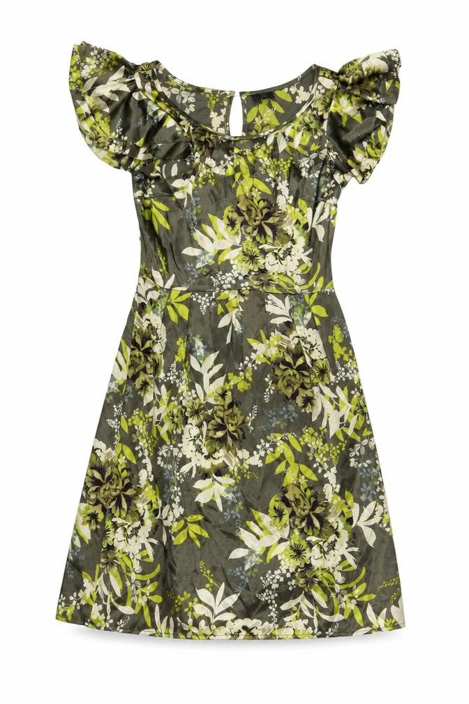 Front view of Next women’s green floral polyester a-line, size UK 6, boat neck button