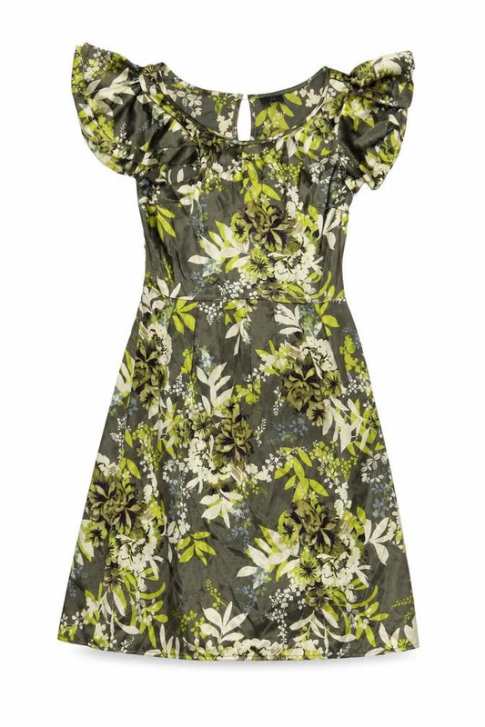 Front view of Next women’s green floral polyester a-line, size UK 6, boat neck button