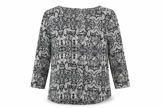 Front view of H&M women’s grey paisley polyester basic blouse, size UK 8, round neck