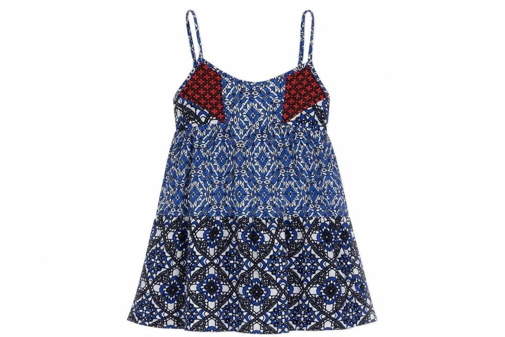 Front view of Topshop women’s multicoloured geometric polyester camisole blouse, size UK 6, v-neck
