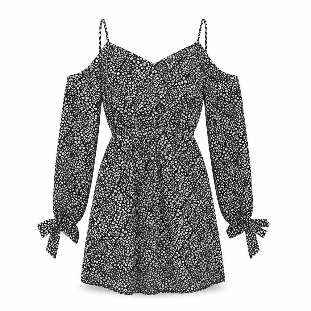Front view of Atmosphere women’s black floral polyester skater dress, size UK 6, v-neck pullover