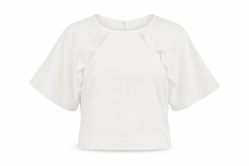 Front view of Miss Selfridge women’s white polyester basic blouse, size UK 14, round neck