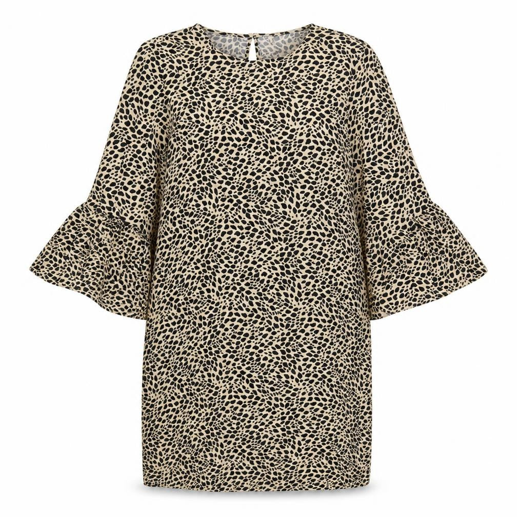 Front view of H&M women’s beige animal print viscose shift, size UK 12, round neck button