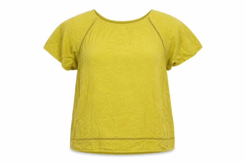 Front view of Next women’s yellow viscose basic blouse, size UK 14, round neck