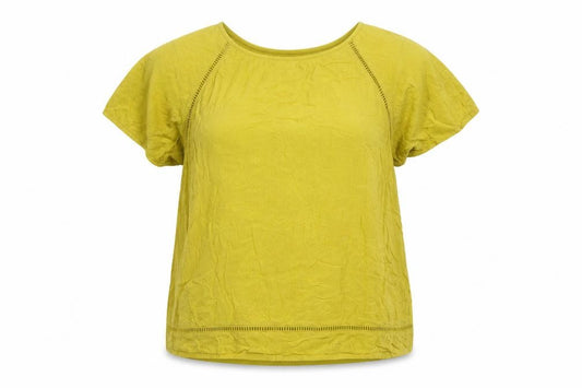 Front view of Next women’s yellow viscose basic blouse, size UK 14, round neck