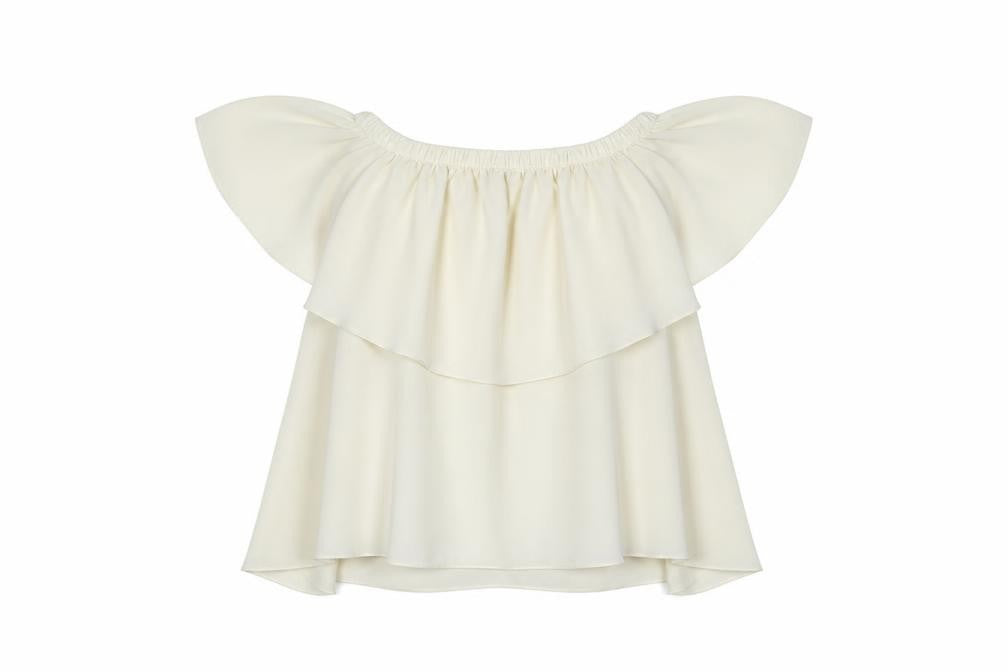 Front view of Fresh women’s ivory polyester basic blouse, size L, off the shoulder