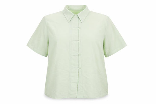 Front view of Christian Marcus women’s green polyester basic button-up, size UK 18, collared