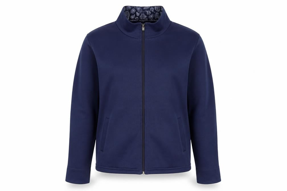 Front view of Anne De Lancay women’s blue jacket, size M, zip