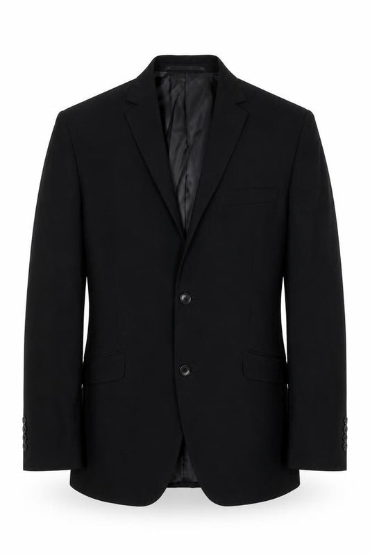 Front view of Lambretta men’s black polyester jacket blazer, size 36