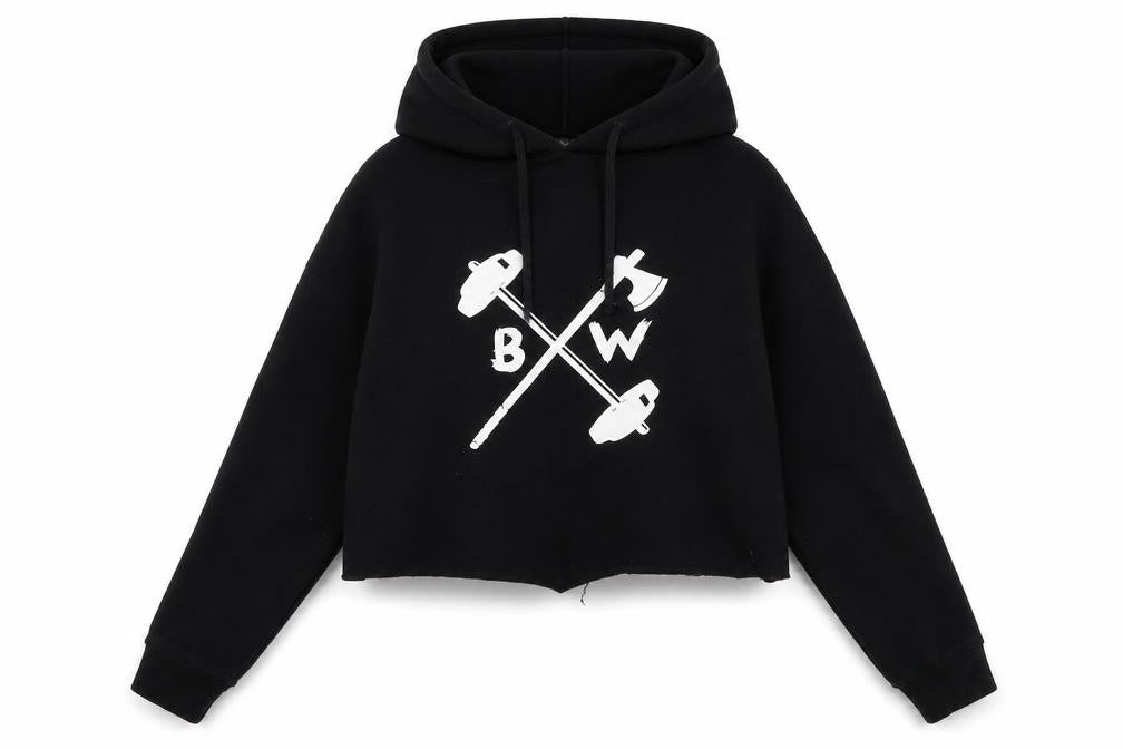 Front view of Barbell Warrior women’s black cotton pullover hoodie, size S, pullover - logo