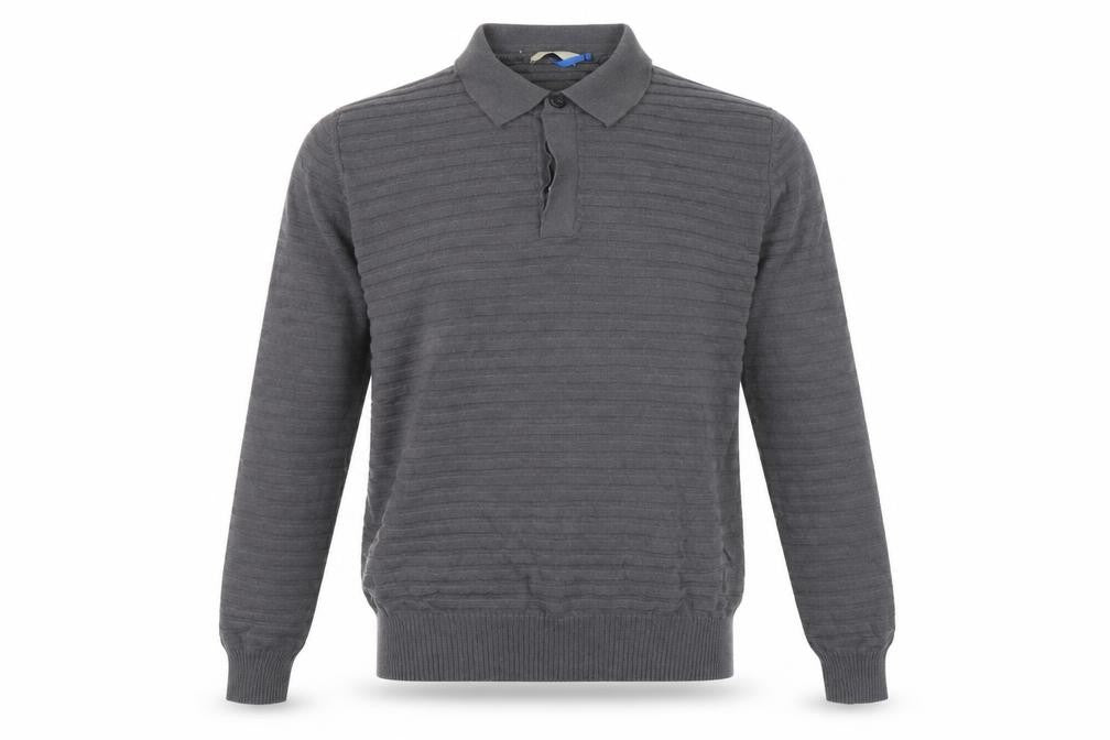 Front view of Cerruti men’s grey wool polo, size S, collared button