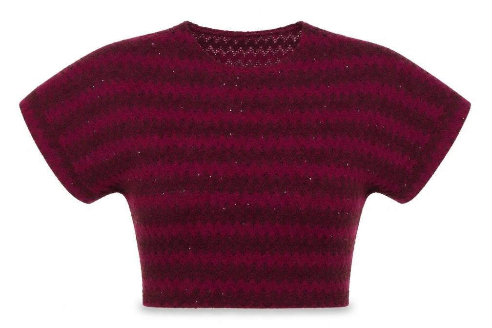 Front view of Epilogue women’s purple striped polyester basic t-shirt, size UK 10, scoop neck