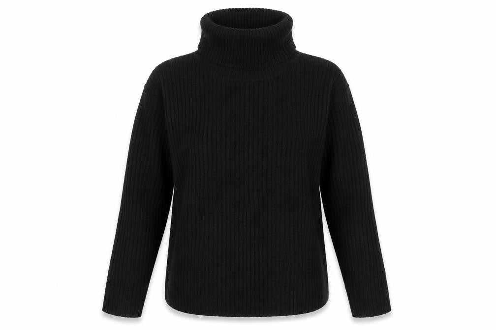 Front view of LC women’s black roll neck acrylic jumper, size UK 8